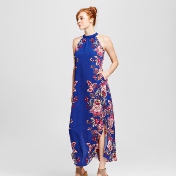 Xhilaration Royal Blue Floral High Neck Maxi - Picture 1 of 6